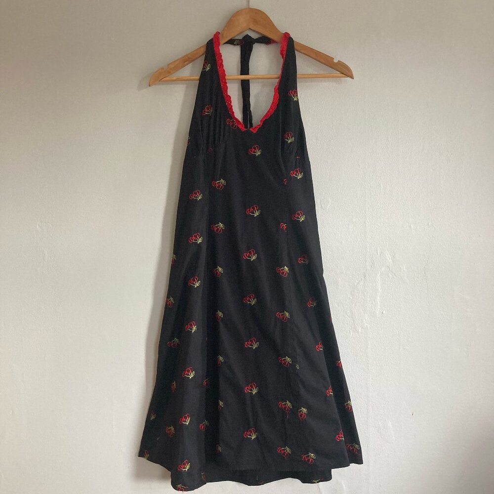 MORBID THREADS Halter Dress Women's Large Black Vintage 90s Whimsigoth Cherries